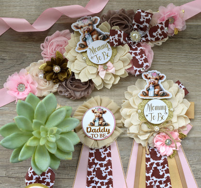 Girl Highland Cow Baby Shower, Pink Tan Brown Maternity Sash, Girl Highland Mommy To Be Pin, Daddy To Be Pin, Girl Highland Cow Corsage Pin - Celebrations By Cris