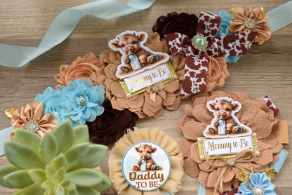 Boy Highland Cow Baby Shower, Blue Tan Brown Maternity Sash, Boy Highland Mommy To Be Pin, Daddy To Be Pin, Boy Highland Cow Corsage Pin - Celebrations By Cris