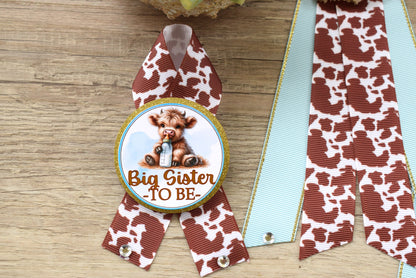 Boy Highland Cow Baby Shower, Blue Tan Brown Maternity Sash, Boy Highland Mommy To Be Pin, Daddy To Be Pin, Boy Highland Cow Corsage Pin - Celebrations By Cris