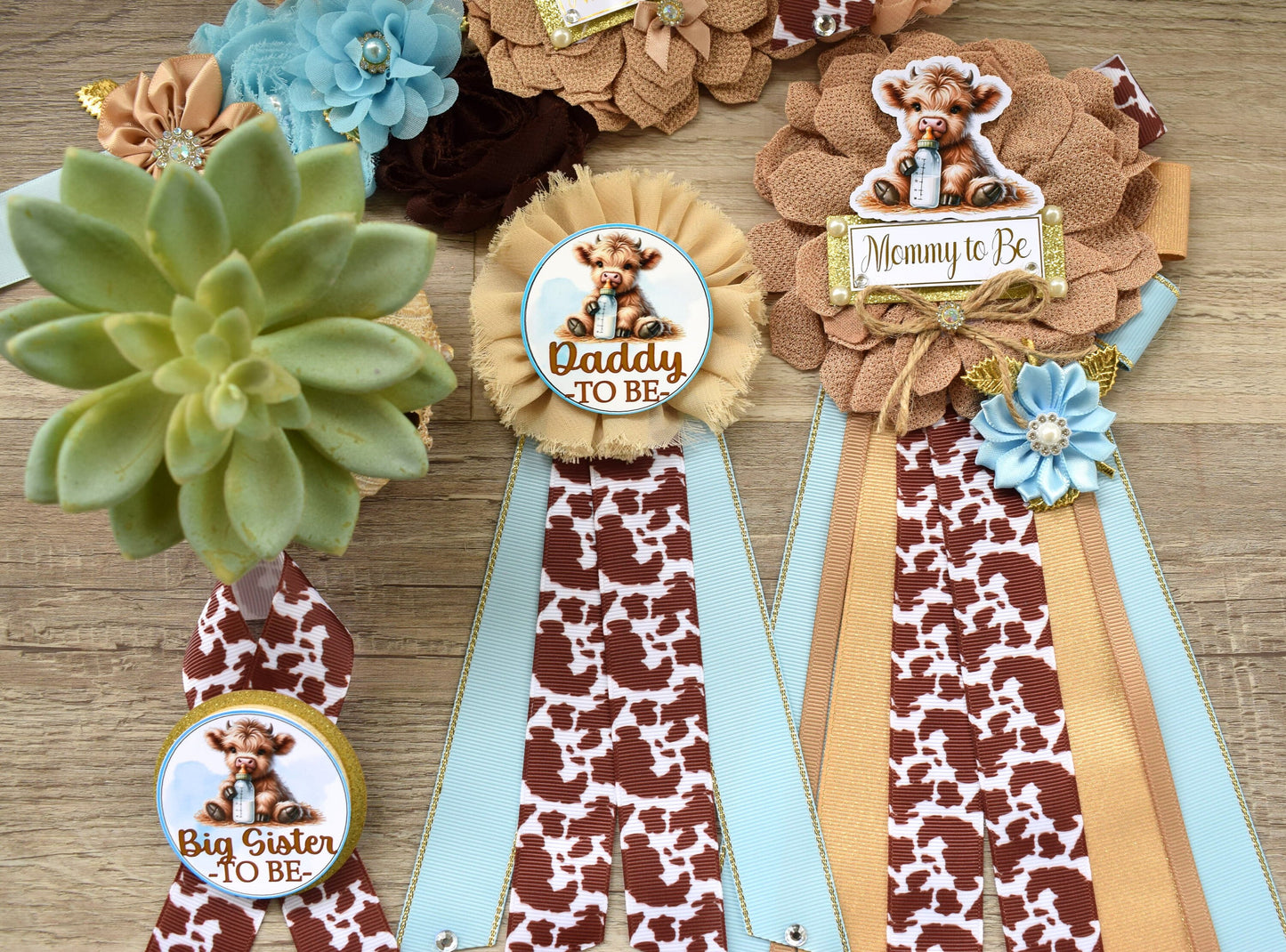 Boy Highland Cow Baby Shower, Blue Tan Brown Maternity Sash, Boy Highland Mommy To Be Pin, Daddy To Be Pin, Boy Highland Cow Corsage Pin - Celebrations By Cris