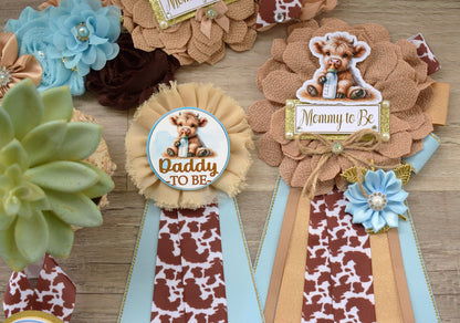 Boy Highland Cow Baby Shower, Blue Tan Brown Maternity Sash, Boy Highland Mommy To Be Pin, Daddy To Be Pin, Boy Highland Cow Corsage Pin - Celebrations By Cris