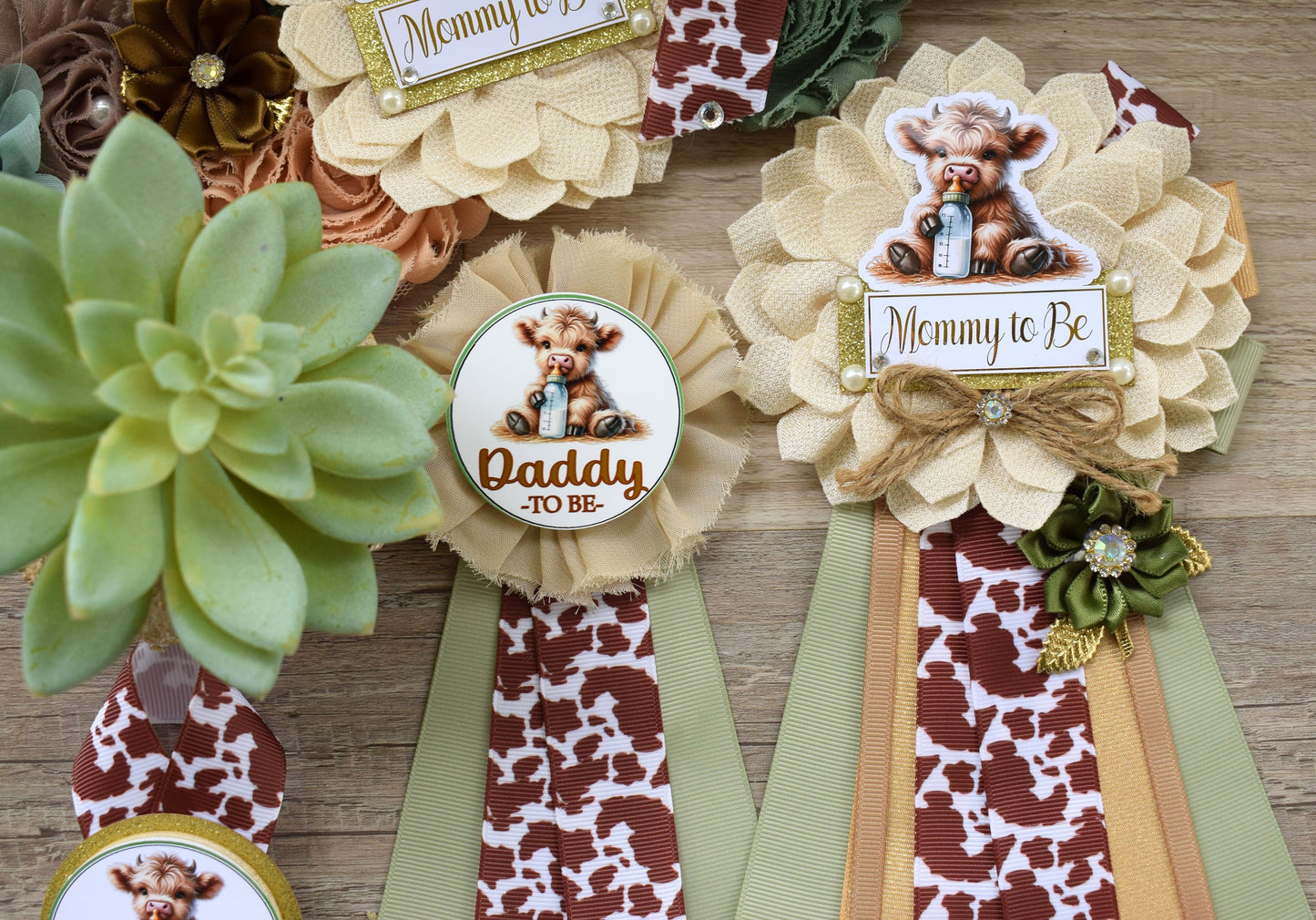 Sage Highland Cow Baby Shower, Sage Tan Brown Maternity Sash, Boy Highland Mommy To Be Pin, Daddy To Be Pin, Boy Highland Cow Corsage Pin - Celebrations By Cris