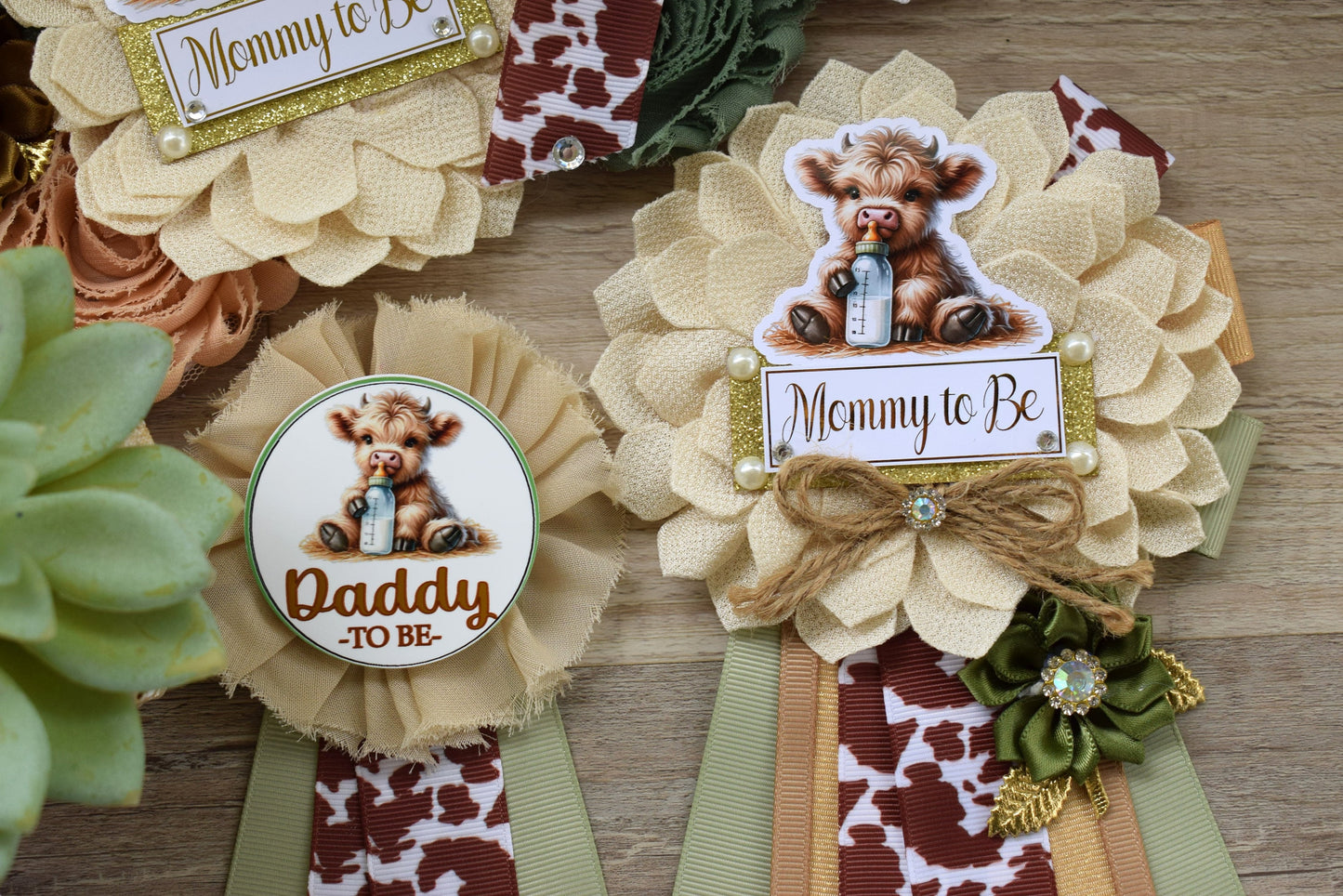 Sage Highland Cow Baby Shower, Sage Tan Brown Maternity Sash, Boy Highland Mommy To Be Pin, Daddy To Be Pin, Boy Highland Cow Corsage Pin - Celebrations By Cris