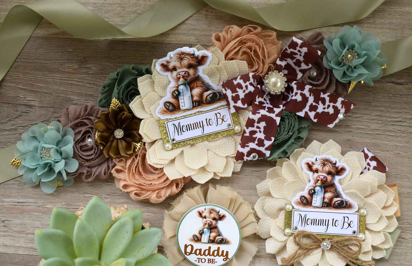 Sage Highland Cow Baby Shower, Sage Tan Brown Maternity Sash, Boy Highland Mommy To Be Pin, Daddy To Be Pin, Boy Highland Cow Corsage Pin - Celebrations By Cris