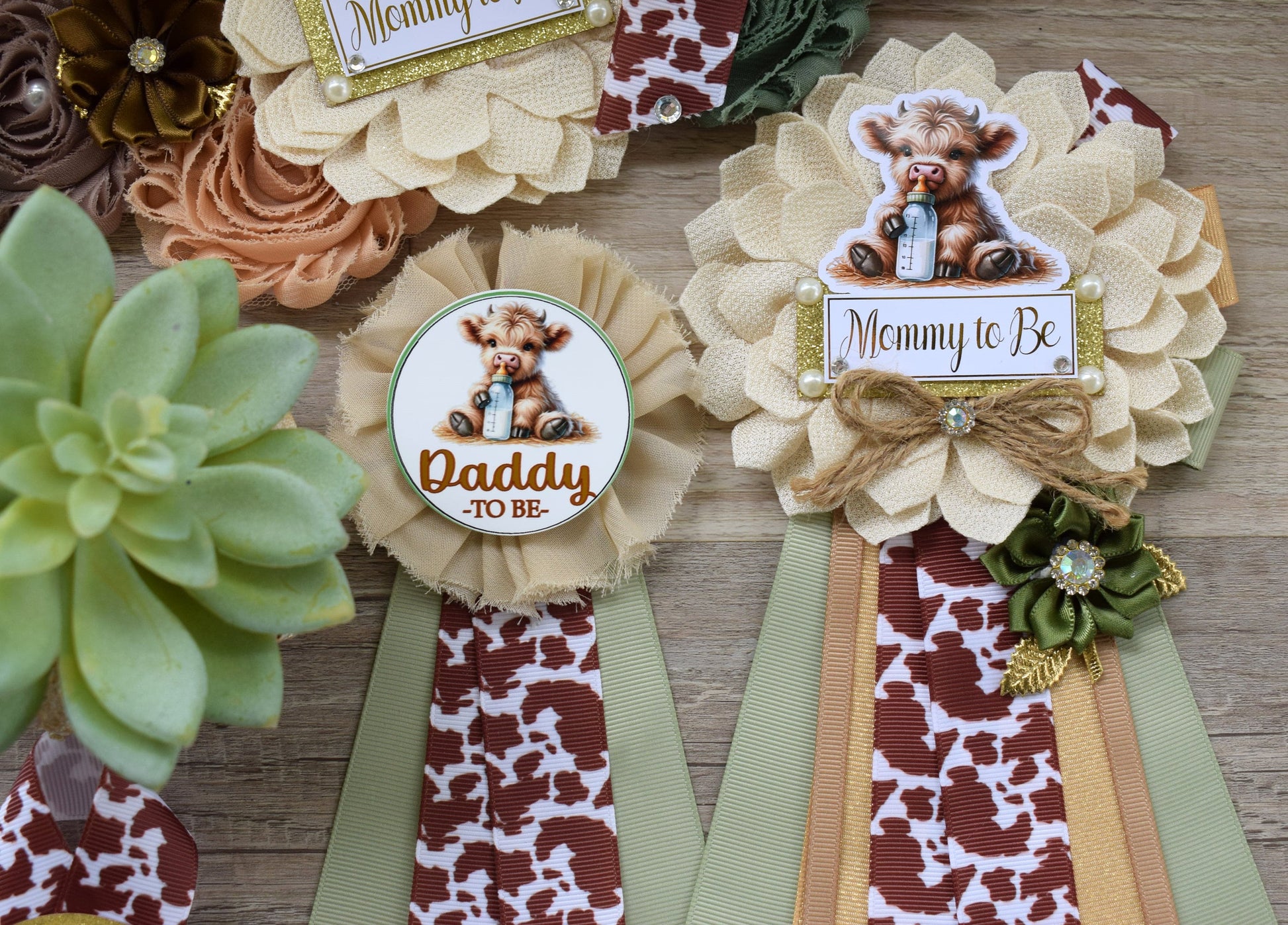 Sage Highland Cow Baby Shower, Sage Tan Brown Maternity Sash, Boy Highland Mommy To Be Pin, Daddy To Be Pin, Boy Highland Cow Corsage Pin - Celebrations By Cris