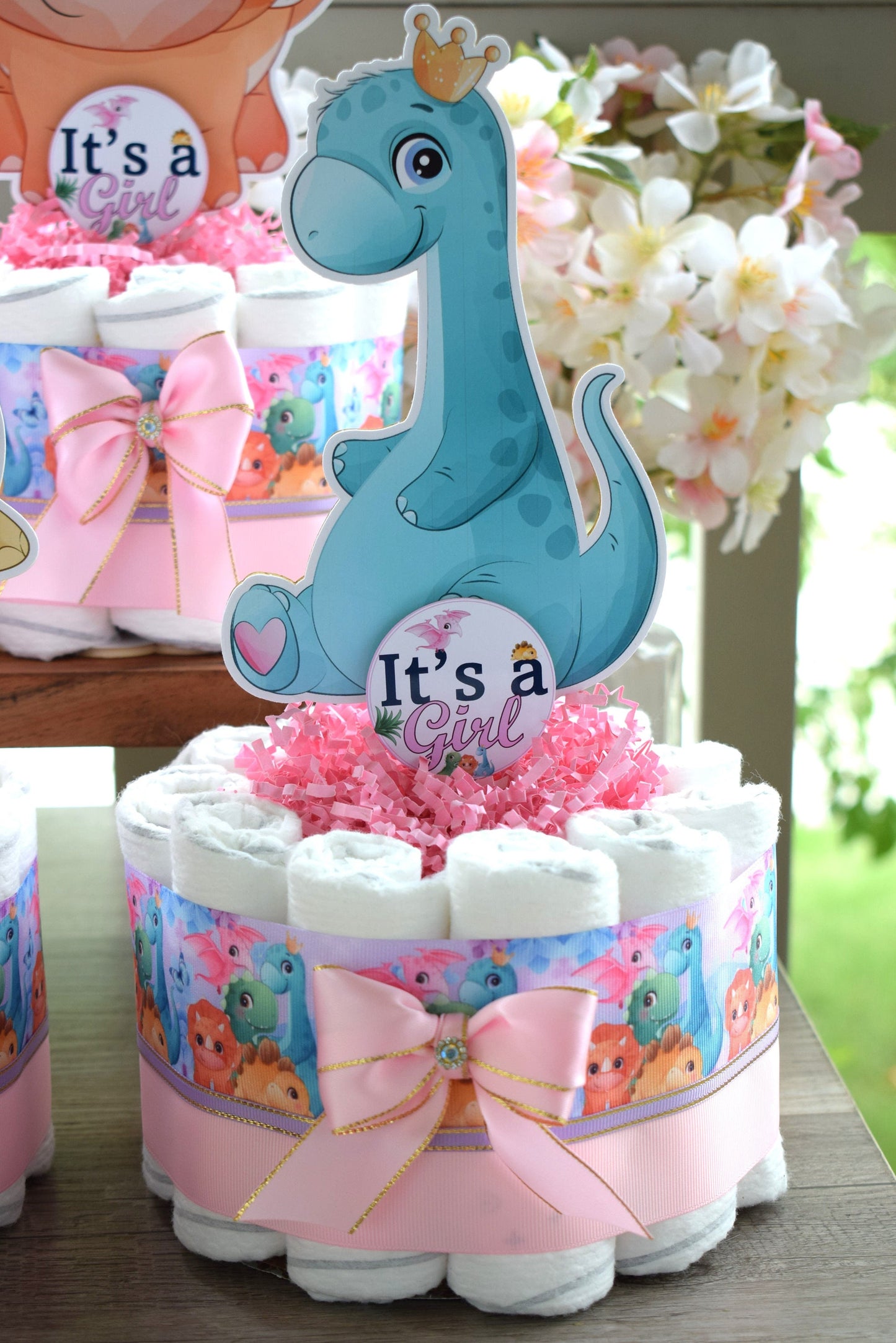 Girl Dinosaur Mini Diaper Cake Baby Shower, Pink Dino Diaper Cake Centerpieces Decor, Dinosaur Party, Room Nursery Decor, New Mom Gift - S14