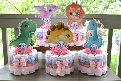 Girl Dinosaur Mini Diaper Cake Baby Shower, Pink Dino Diaper Cake Centerpieces Decor, Dinosaur Party, Room Nursery Decor, New Mom Gift - S14