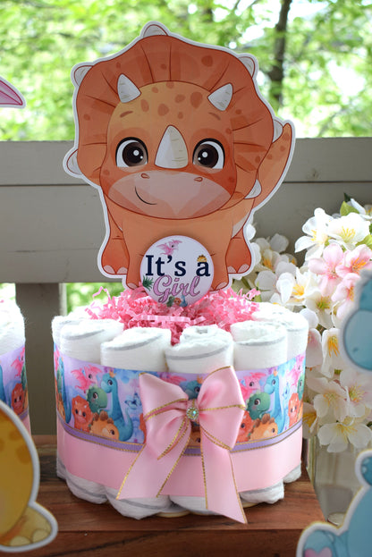 Girl Dinosaur Mini Diaper Cake Baby Shower, Pink Dino Diaper Cake Centerpieces Decor, Dinosaur Party, Room Nursery Decor, New Mom Gift - S14