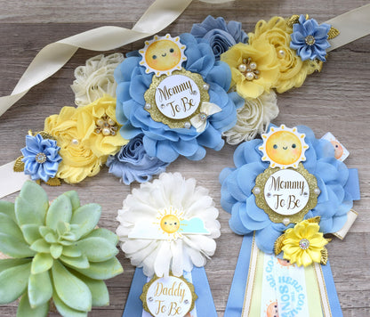 Here Come The Son Baby Shower, Neutral Yellow Ivory Maternity Sash, Mommy To Be Ribbon Badge Pin, Daddy To Be Pin, Here Come The Sun - Celebrations By Cris