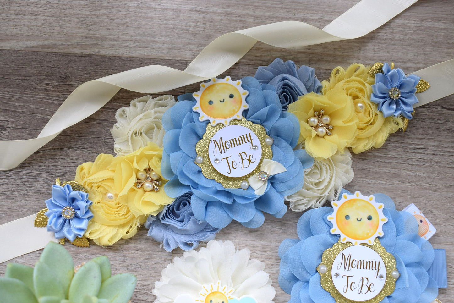 Here Come The Son Baby Shower, Neutral Yellow Ivory Maternity Sash, Mommy To Be Ribbon Badge Pin, Daddy To Be Pin, Here Come The Sun - Celebrations By Cris