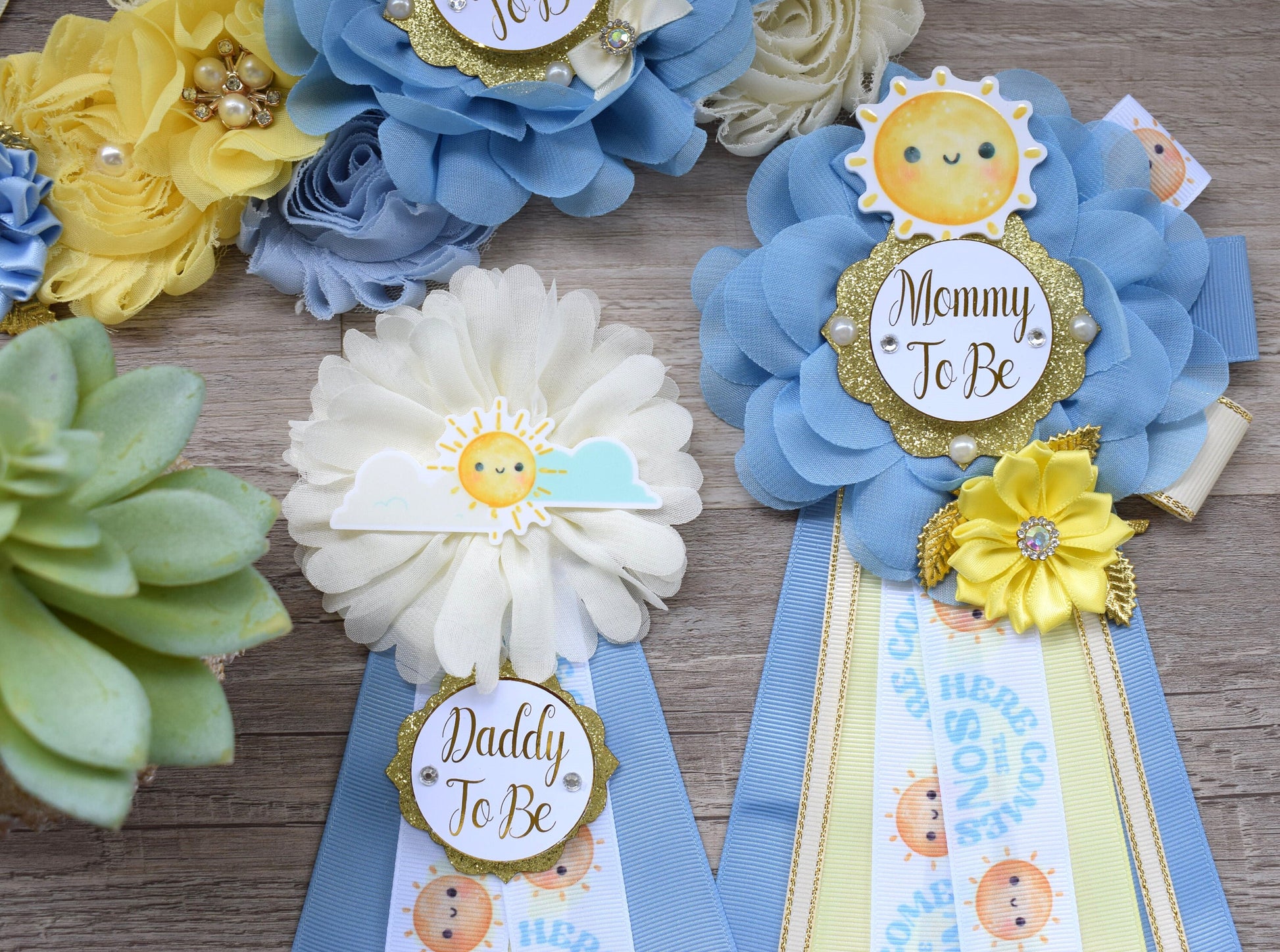 Here Come The Son Baby Shower, Neutral Yellow Ivory Maternity Sash, Mommy To Be Ribbon Badge Pin, Daddy To Be Pin, Here Come The Sun - Celebrations By Cris