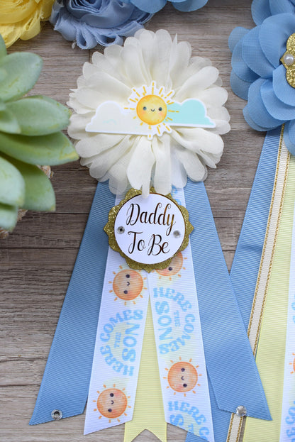 Here Come The Son Baby Shower, Neutral Yellow Ivory Maternity Sash, Mommy To Be Ribbon Badge Pin, Daddy To Be Pin, Here Come The Sun - Celebrations By Cris