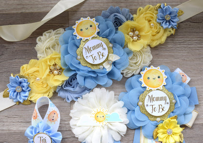 Here Come The Son Baby Shower, Neutral Yellow Ivory Maternity Sash, Mommy To Be Ribbon Badge Pin, Daddy To Be Pin, Here Come The Sun - Celebrations By Cris