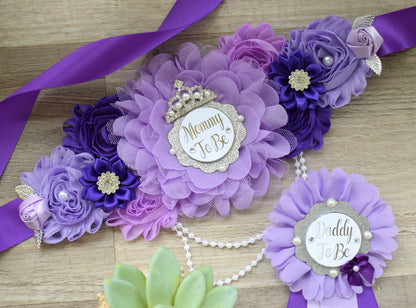 Purple Lavender Maternity Sash, Purple Lilac Silver Mommy To Be Maternity Sash, Daddy To Be Pin, Purple Big Sister Pin, Custom