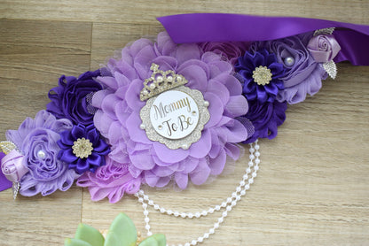 Purple Lavender Maternity Sash, Purple Lilac Silver Mommy To Be Maternity Sash, Daddy To Be Pin, Purple Big Sister Pin, Custom