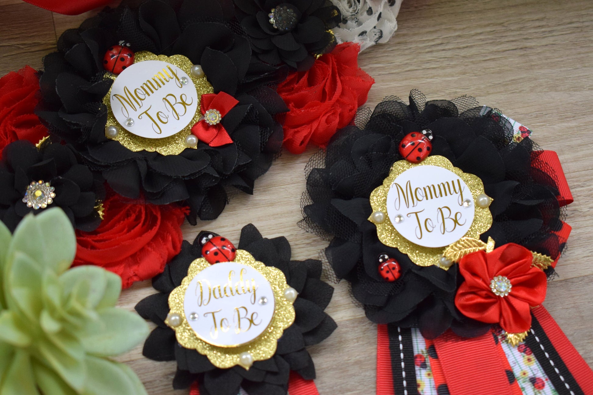 Ladybug Baby Shower, Lady Bug Maternity Sash, Bug Mommy To Be Pin, Red Black Daddy To Be Pin, Baby Shower Gift, Custom - Celebrations By Cris