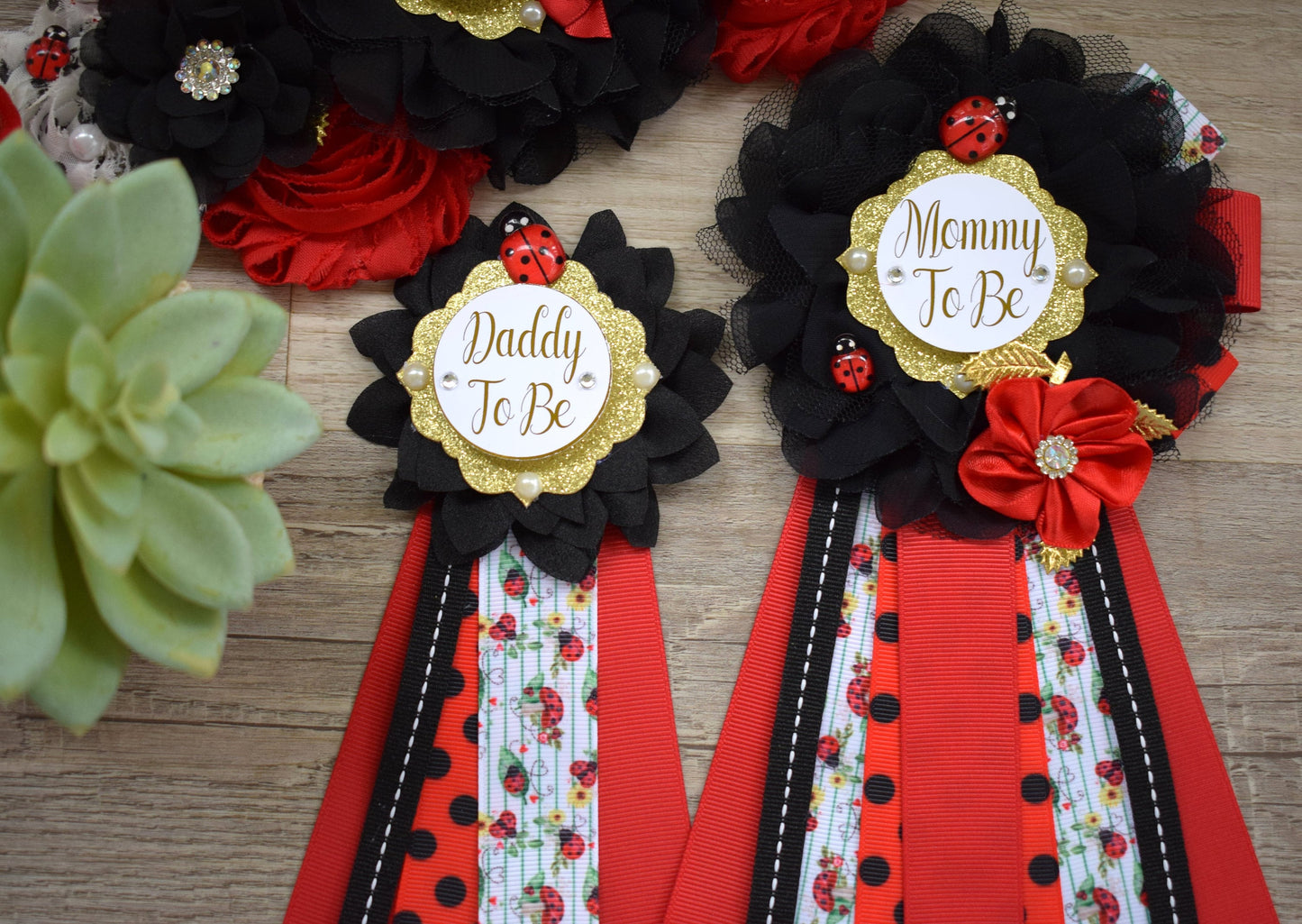 Ladybug Baby Shower, Lady Bug Maternity Sash, Bug Mommy To Be Pin, Red Black Daddy To Be Pin, Baby Shower Gift, Custom - Celebrations By Cris