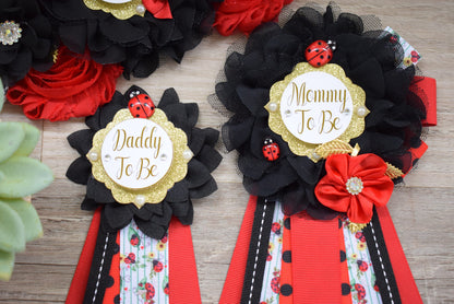 Ladybug Baby Shower, Lady Bug Maternity Sash, Bug Mommy To Be Pin, Red Black Daddy To Be Pin, Baby Shower Gift, Custom - Celebrations By Cris