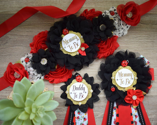 Ladybug Baby Shower, Lady Bug Maternity Sash, Bug Mommy To Be Pin, Red Black Daddy To Be Pin, Baby Shower Gift, Custom - Celebrations By Cris