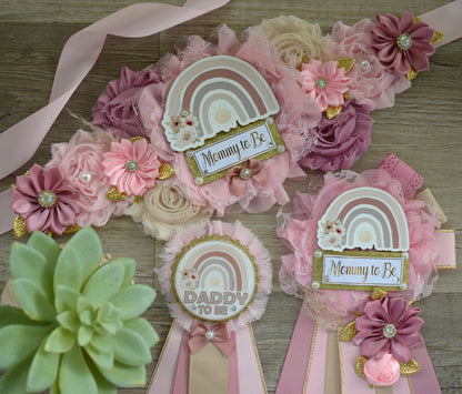 Girl Boho Rainbow Baby Shower, Pink Boho Rainbow Maternity Sash, Girl Boho Rainbow Mommy to Be Pin, Rainbow Daddy to Be Pin, Custom Pin