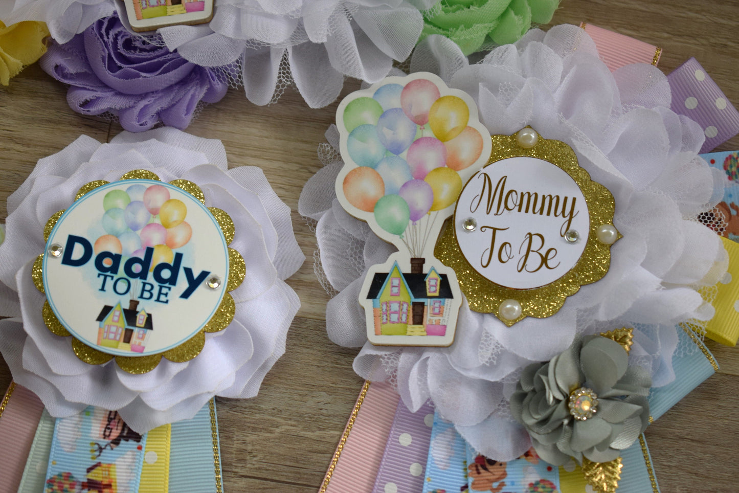 Hot Air Balloon Baby Shower, Blue Yellow Purple Maternity Sash, Up Baby Shower, Mommy to Be Ribbon, Daddy to Be Pin, Multicolor Air Balloon - Celebrations By Cris