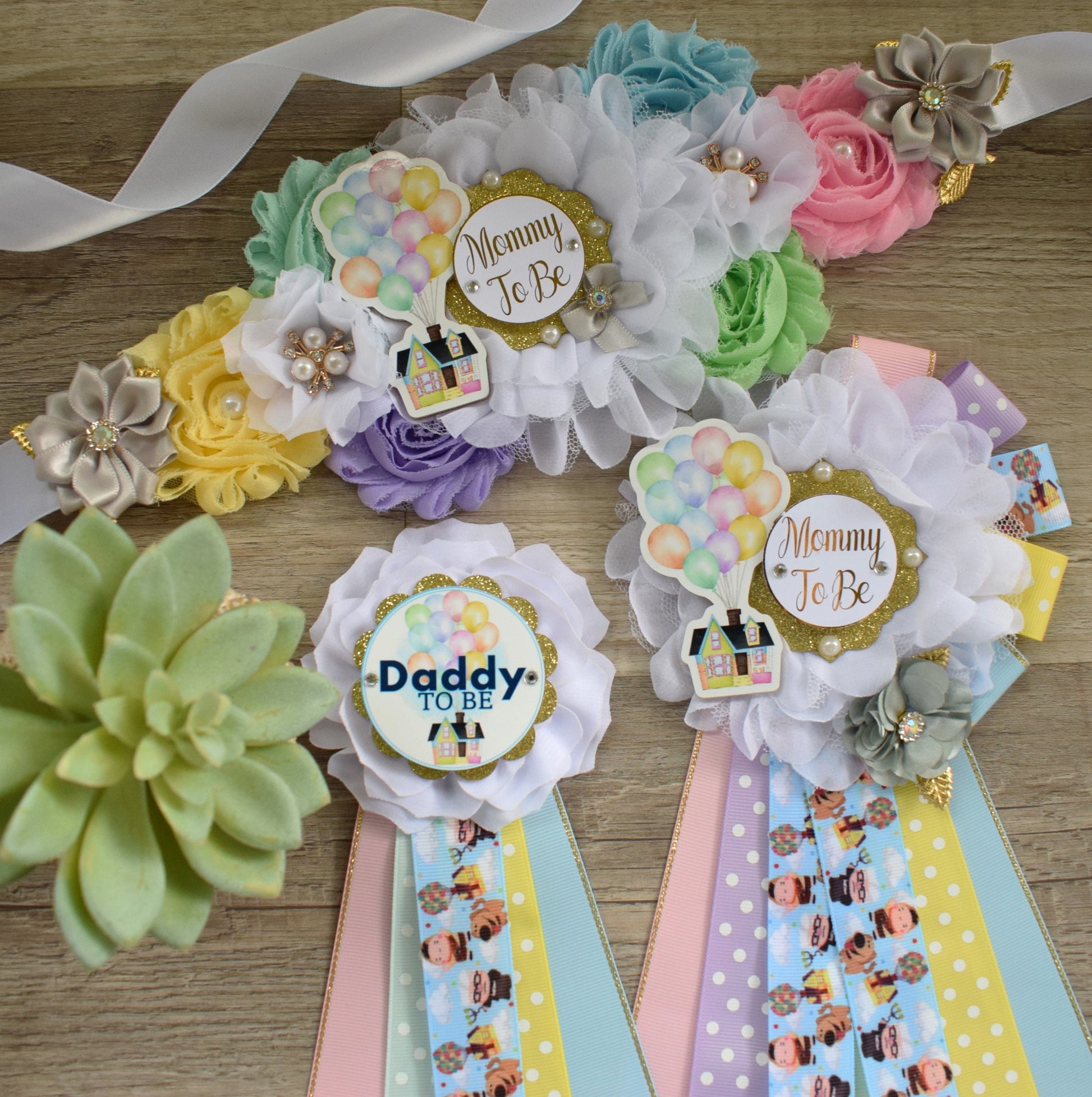 Hot Air Balloon Baby Shower, Blue Yellow Purple Maternity Sash, Up Baby Shower, Mommy to Be Ribbon, Daddy to Be Pin, Multicolor Air Balloon - Celebrations By Cris