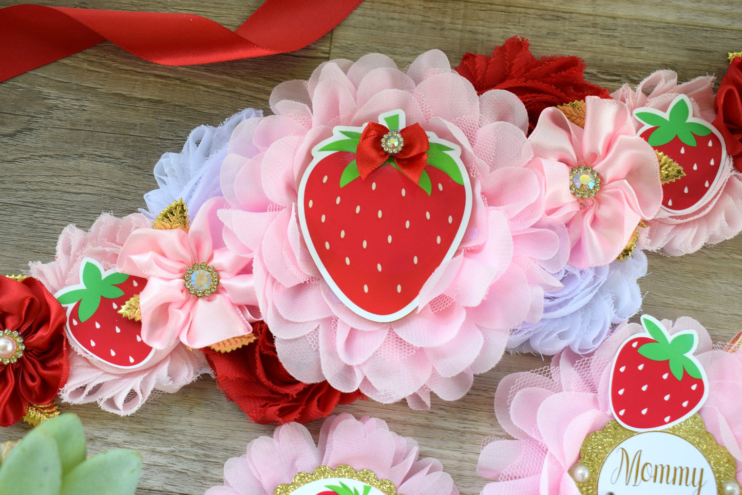 Strawberry Baby Shower, Girl Red Pink Strawberry Maternity Sash, Mommy To Be Ribbon Pin, Daddy To Be Pin, Fruit Baby Shower, Custom - Celebrations By Cris