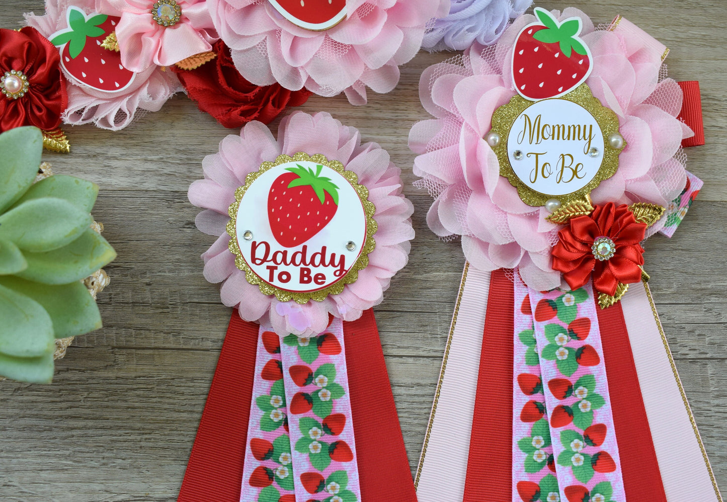 Strawberry Baby Shower, Girl Red Pink Strawberry Maternity Sash, Mommy To Be Ribbon Pin, Daddy To Be Pin, Fruit Baby Shower, Custom - Celebrations By Cris