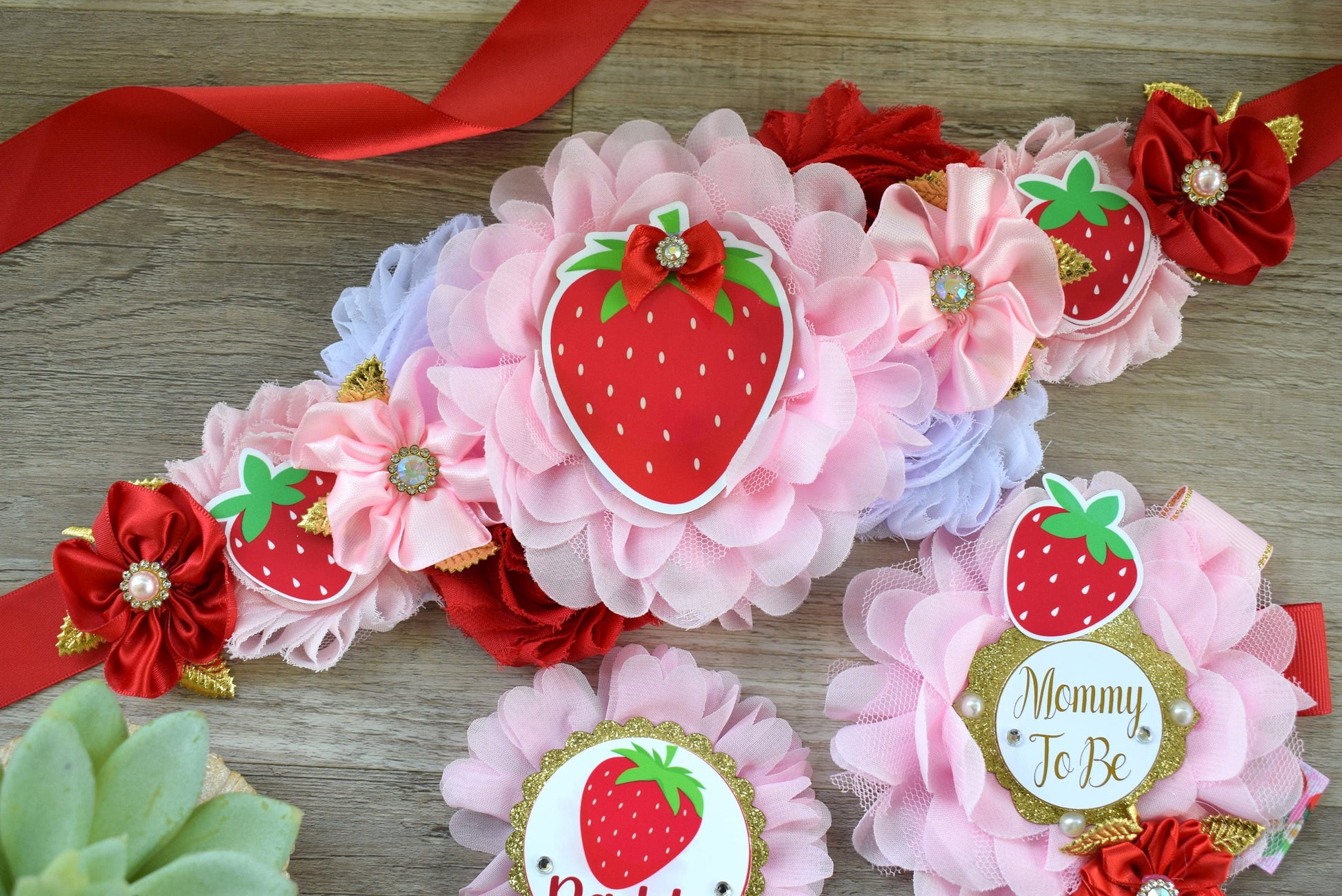 Strawberry Baby Shower, Girl Red Pink Strawberry Maternity Sash, Mommy To Be Ribbon Pin, Daddy To Be Pin, Fruit Baby Shower, Custom - Celebrations By Cris