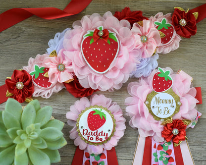 Strawberry Baby Shower, Girl Red Pink Strawberry Maternity Sash, Mommy To Be Ribbon Pin, Daddy To Be Pin, Fruit Baby Shower, Custom - Celebrations By Cris