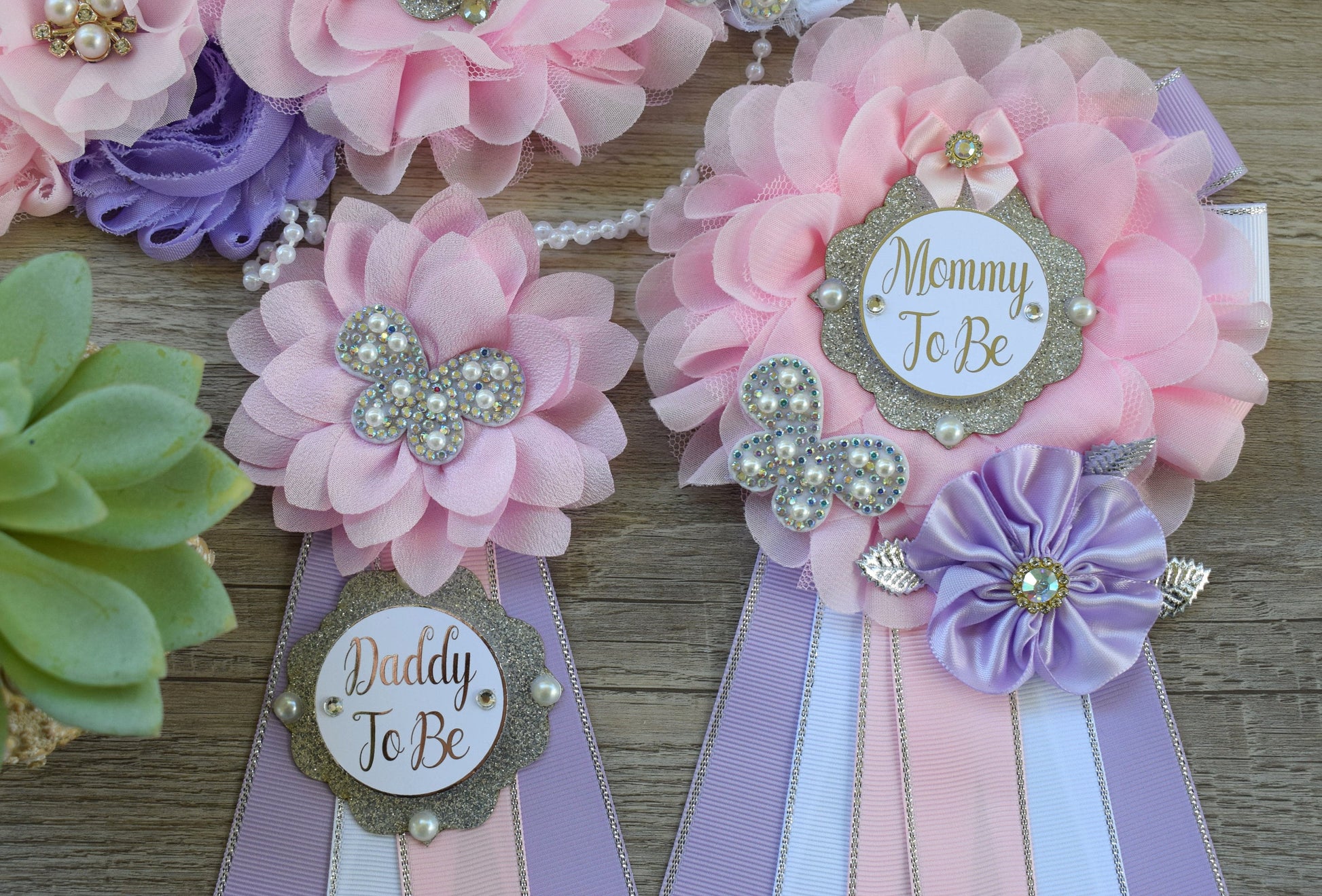 Lavender Pink Butterfly Baby Shower, Lavender Pink Silver Butterfly Maternity Sash, Silver Butterfly Mommy To Be Ribbon, Daddy To Be Pin - Celebrations By Cris