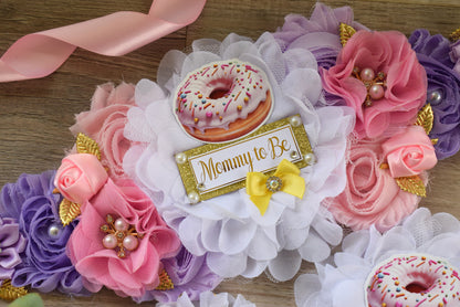 Donuts Baby Shower, Pink Lavender Maternity Sash, Yellow Pink Lavender Mommy To Be Ribbon, Daddy To Be Pin, Donut Baby Shower Theme - Celebrations By Cris