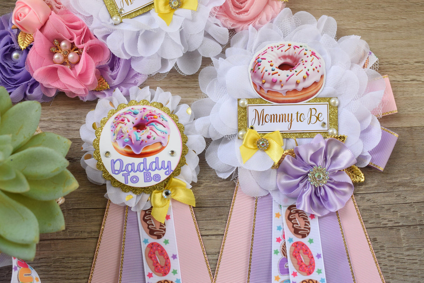 Donuts Baby Shower, Pink Lavender Maternity Sash, Yellow Pink Lavender Mommy To Be Ribbon, Daddy To Be Pin, Donut Baby Shower Theme - Celebrations By Cris