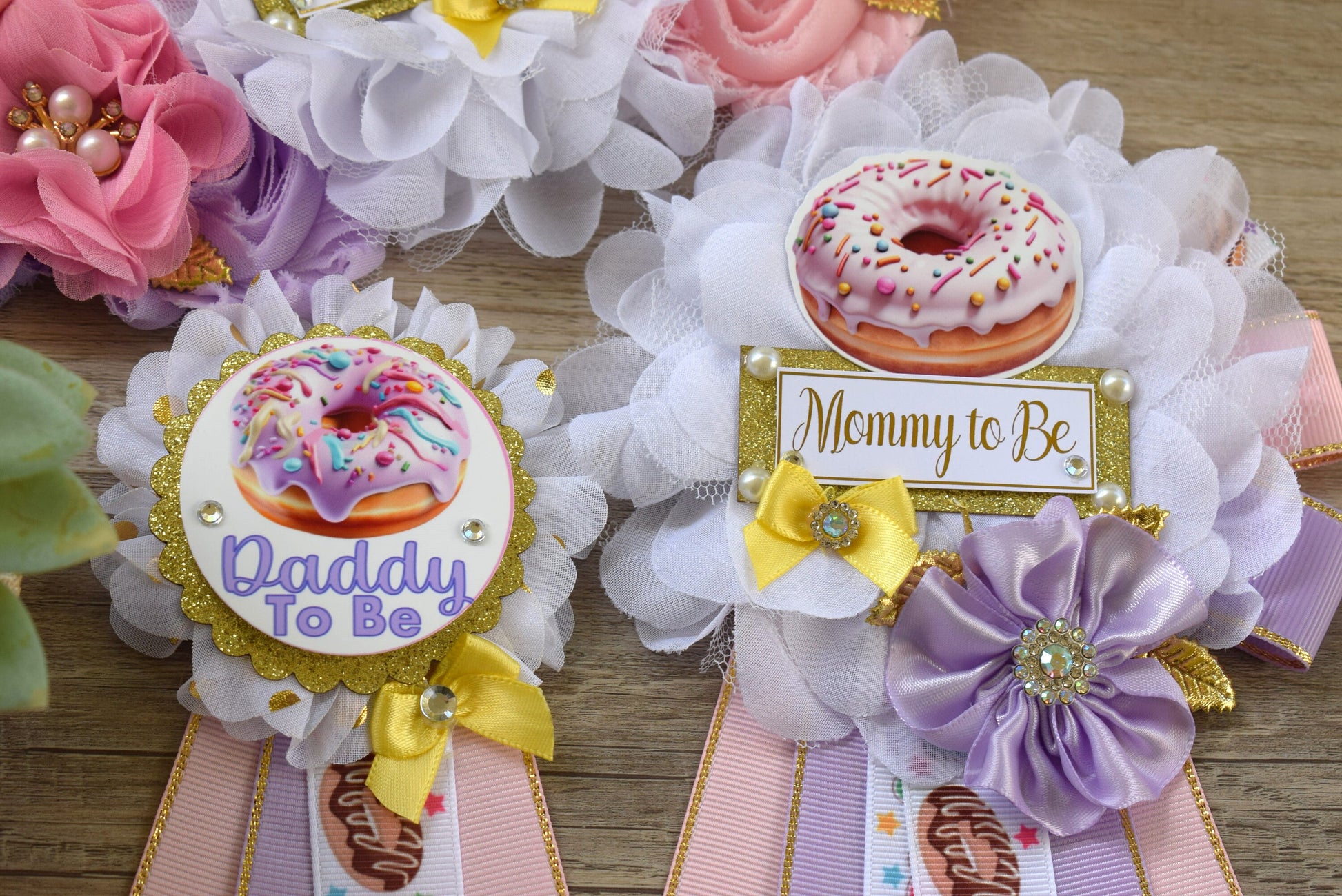 Donuts Baby Shower, Pink Lavender Maternity Sash, Yellow Pink Lavender Mommy To Be Ribbon, Daddy To Be Pin, Donut Baby Shower Theme - Celebrations By Cris