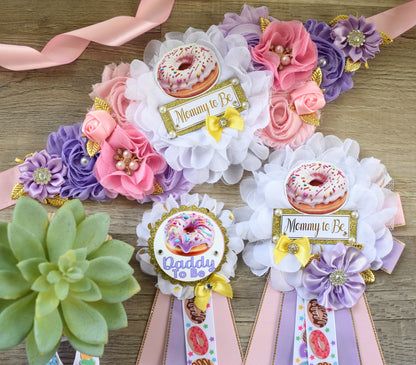 Donuts Baby Shower, Pink Lavender Maternity Sash, Yellow Pink Lavender Mommy To Be Ribbon, Daddy To Be Pin, Donut Baby Shower Theme - Celebrations By Cris