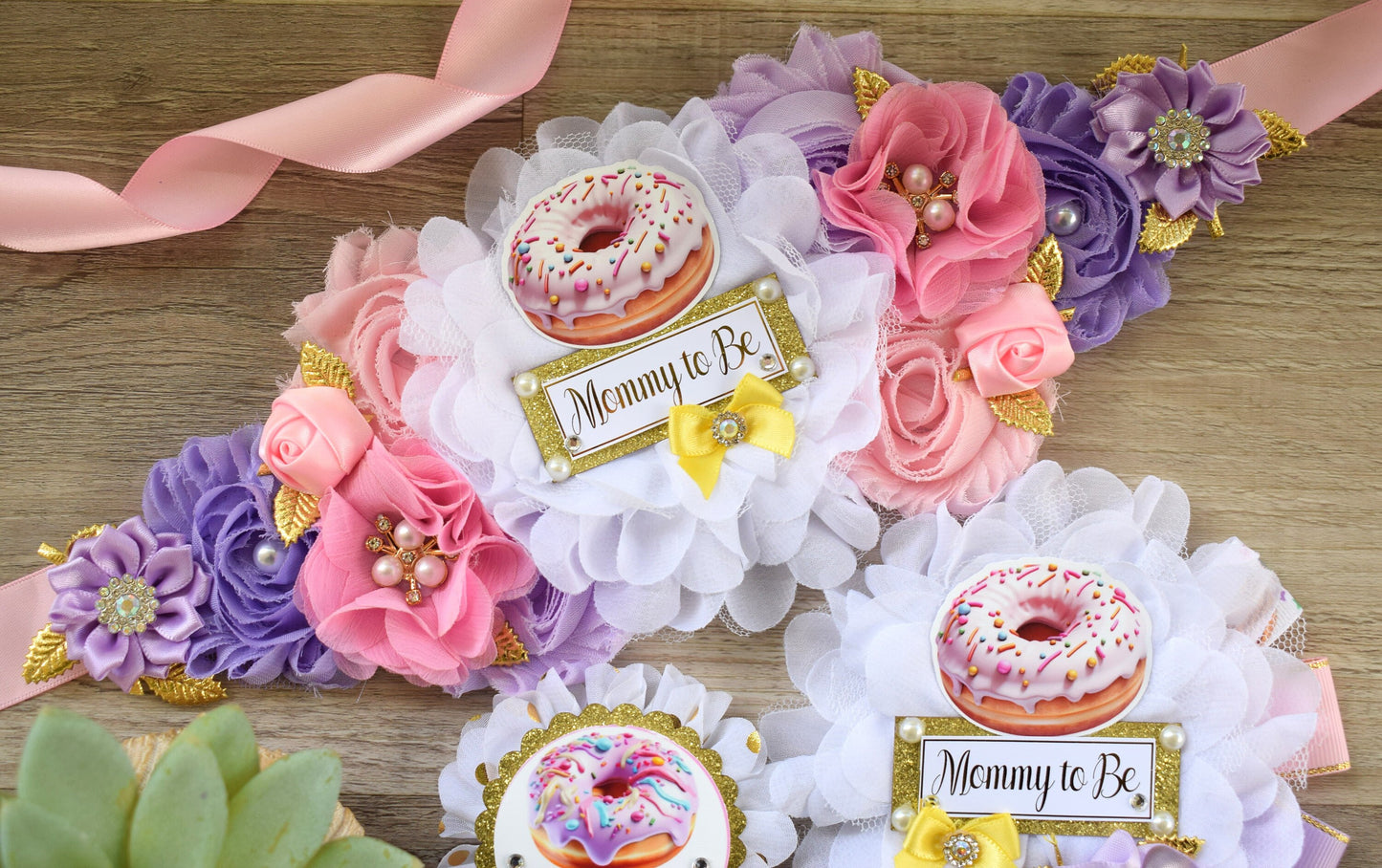 Donuts Baby Shower, Pink Lavender Maternity Sash, Yellow Pink Lavender Mommy To Be Ribbon, Daddy To Be Pin, Donut Baby Shower Theme - Celebrations By Cris