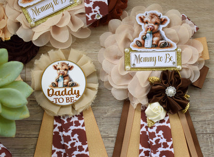 Highland Cow Baby Shower, Neutral Tan Brown Maternity Sash, Gender Reveal Highland Mommy To Be, Daddy To Be Pin, Highland Cow Corsage Pin - Celebrations By Cris