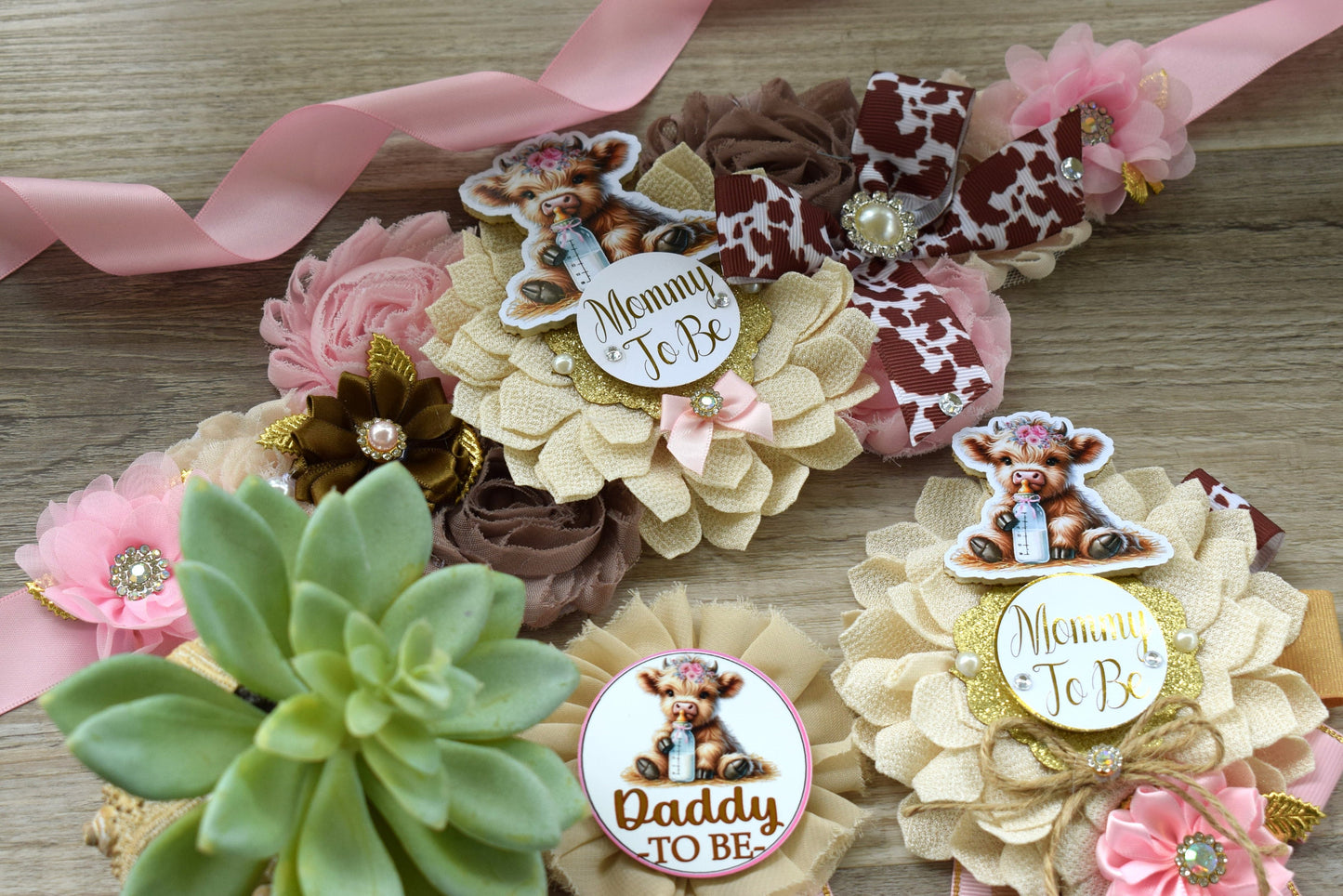 Girl Highland Cow Baby Shower, Pink Tan Brown Maternity Sash, Girl Highland Mommy To Be Pin, Daddy To Be Pin, Girl Highland Cow Corsage Pin - Celebrations By Cris