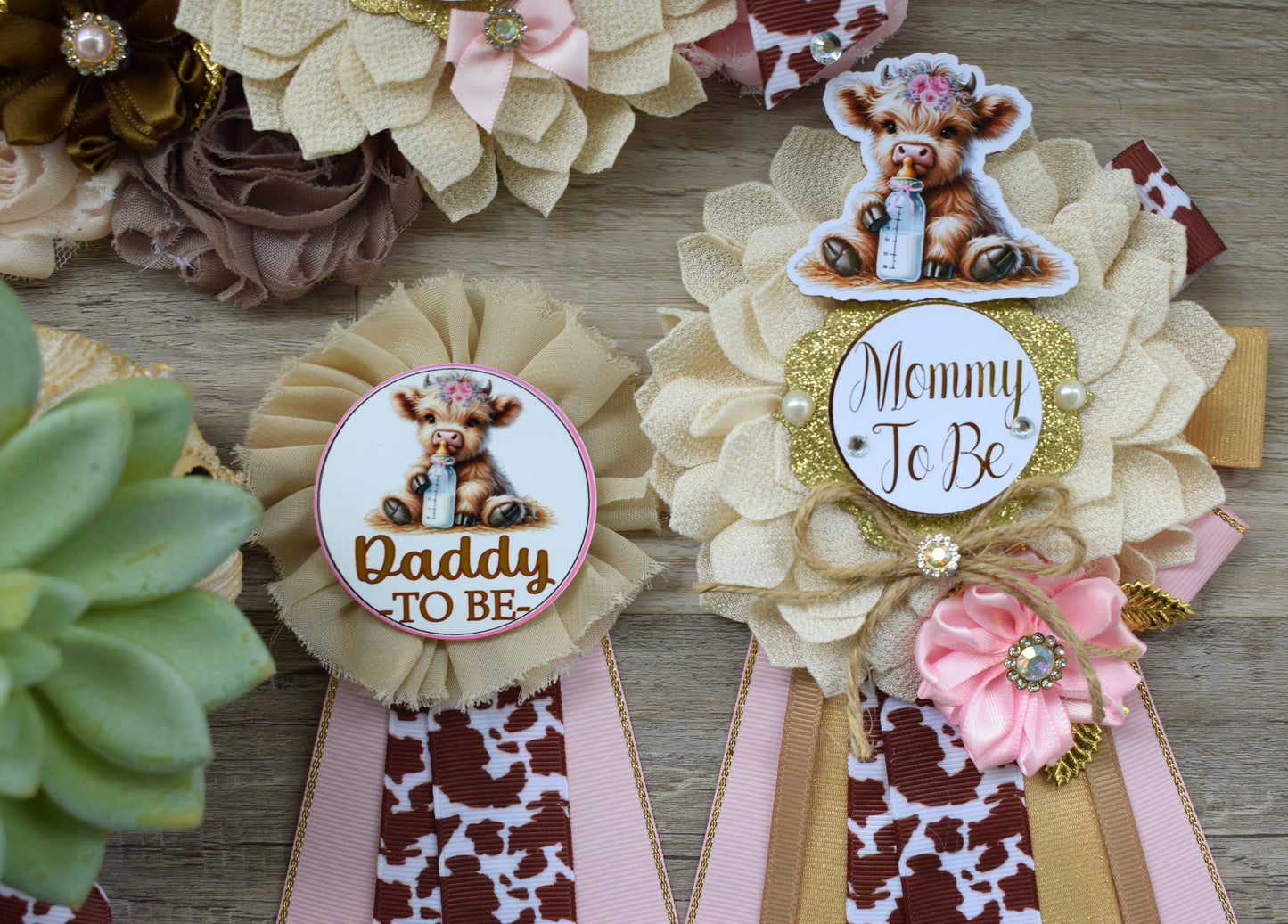 Girl Highland Cow Baby Shower, Pink Tan Brown Maternity Sash, Girl Highland Mommy To Be Pin, Daddy To Be Pin, Girl Highland Cow Corsage Pin - Celebrations By Cris