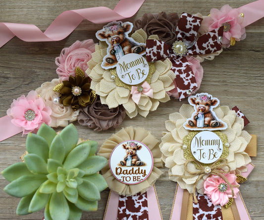 Girl Highland Cow Baby Shower, Pink Tan Brown Maternity Sash, Girl Highland Mommy To Be Pin, Daddy To Be Pin, Girl Highland Cow Corsage Pin - Celebrations By Cris