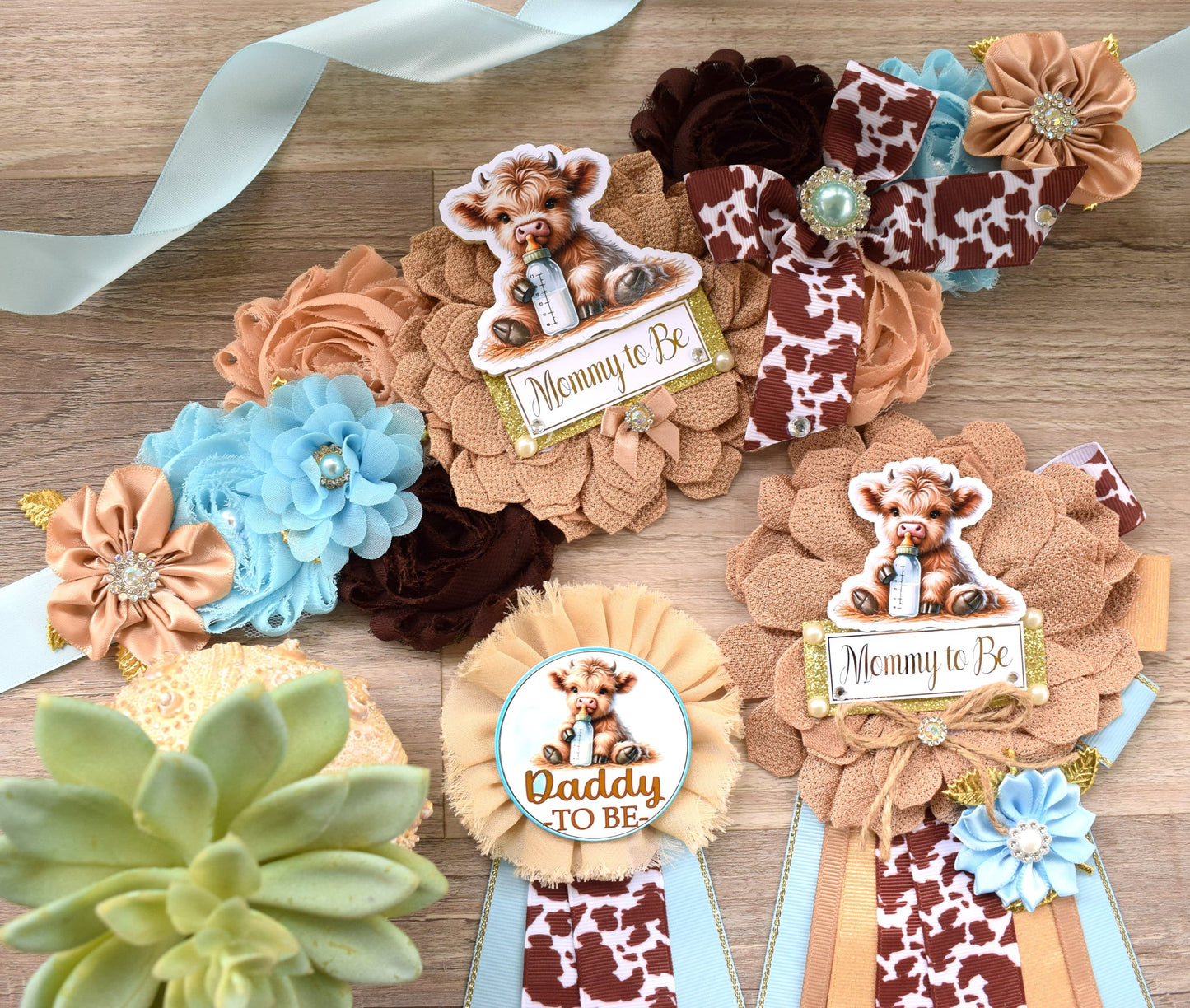 Boy Highland Cow Baby Shower, Blue Tan Brown Maternity Sash, Boy Highland Mommy To Be Pin, Daddy To Be Pin, Boy Highland Cow Corsage Pin - Celebrations By Cris