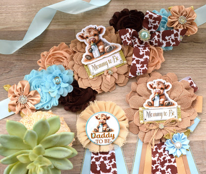 Boy Highland Cow Baby Shower, Blue Tan Brown Maternity Sash, Boy Highland Mommy To Be Pin, Daddy To Be Pin, Boy Highland Cow Corsage Pin - Celebrations By Cris