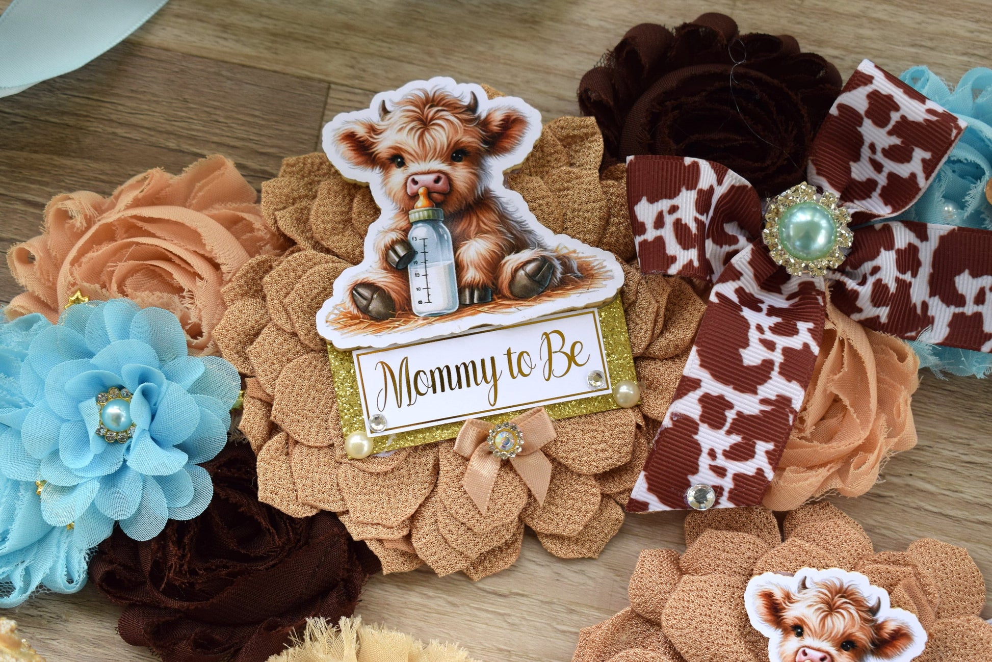 Boy Highland Cow Baby Shower, Blue Tan Brown Maternity Sash, Boy Highland Mommy To Be Pin, Daddy To Be Pin, Boy Highland Cow Corsage Pin - Celebrations By Cris