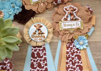 Boy Highland Cow Baby Shower, Blue Tan Brown Maternity Sash, Boy Highland Mommy To Be Pin, Daddy To Be Pin, Boy Highland Cow Corsage Pin - Celebrations By Cris