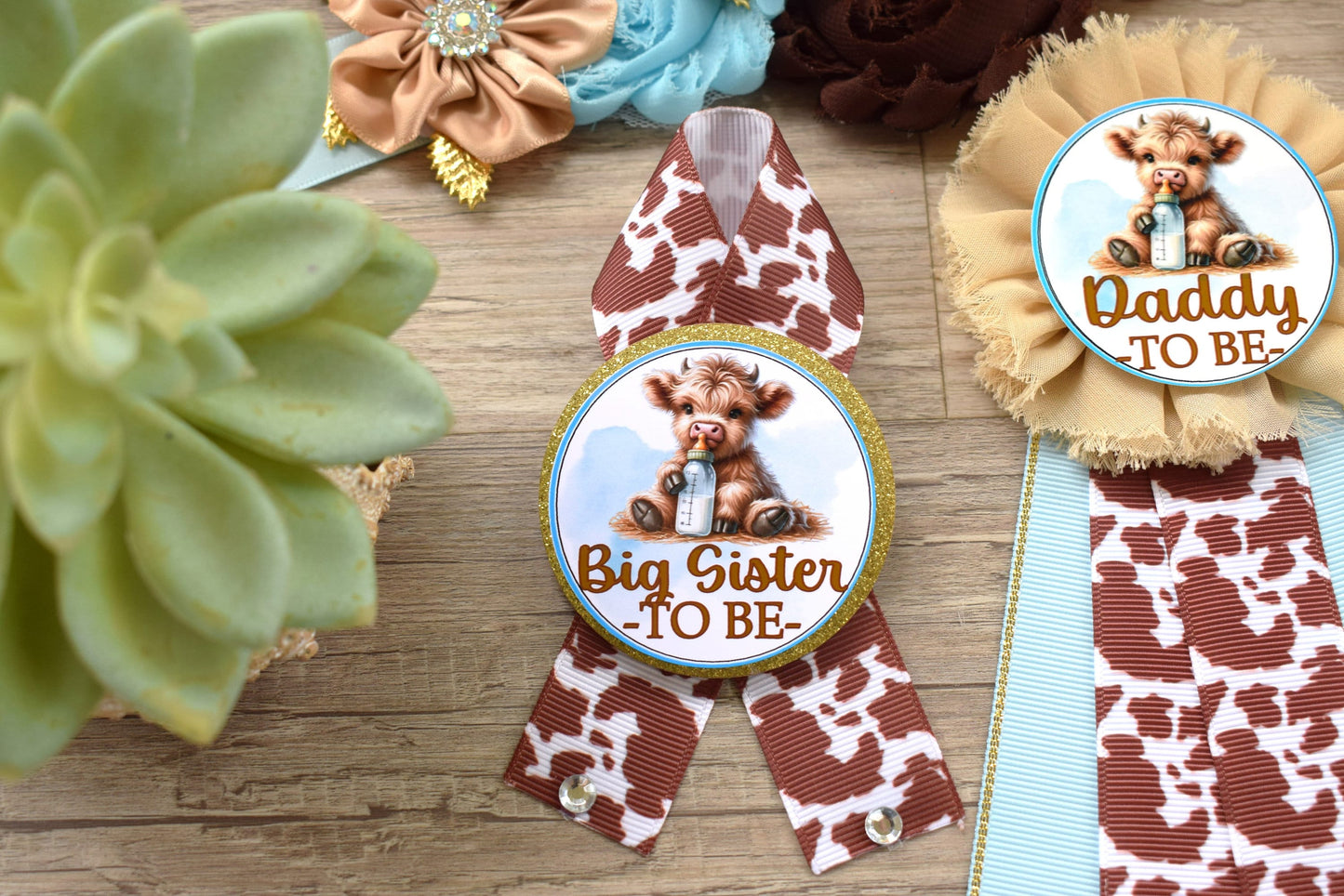 Boy Highland Cow Baby Shower, Blue Tan Brown Maternity Sash, Boy Highland Mommy To Be Pin, Daddy To Be Pin, Boy Highland Cow Corsage Pin - Celebrations By Cris