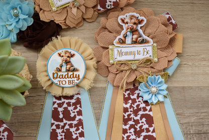 Boy Highland Cow Baby Shower, Blue Tan Brown Maternity Sash, Boy Highland Mommy To Be Pin, Daddy To Be Pin, Boy Highland Cow Corsage Pin - Celebrations By Cris