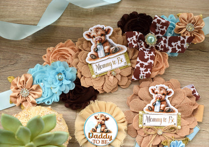 Boy Highland Cow Baby Shower, Blue Tan Brown Maternity Sash, Boy Highland Mommy To Be Pin, Daddy To Be Pin, Boy Highland Cow Corsage Pin - Celebrations By Cris