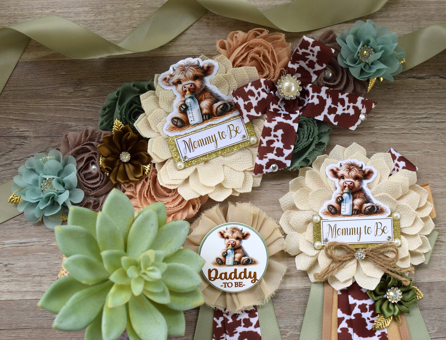 Sage Highland Cow Baby Shower, Sage Tan Brown Maternity Sash, Boy Highland Mommy To Be Pin, Daddy To Be Pin, Boy Highland Cow Corsage Pin - Celebrations By Cris