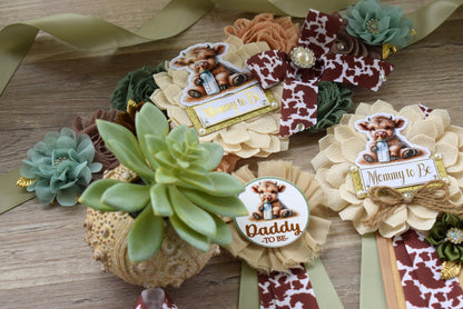 Sage Highland Cow Baby Shower, Sage Tan Brown Maternity Sash, Boy Highland Mommy To Be Pin, Daddy To Be Pin, Boy Highland Cow Corsage Pin - Celebrations By Cris