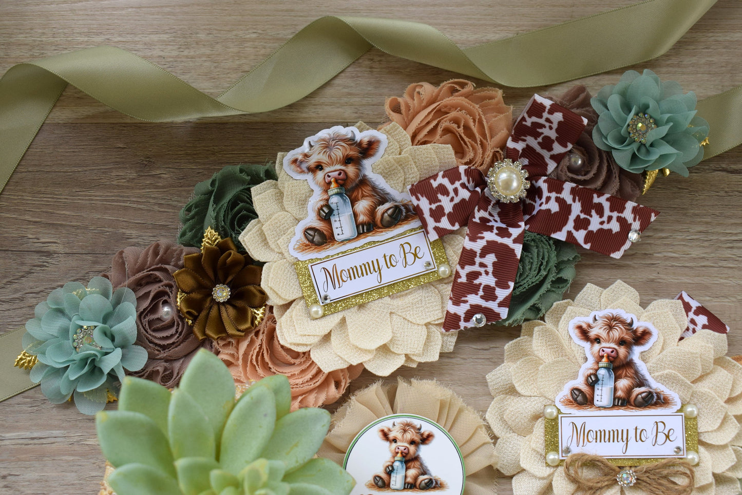 Sage Highland Cow Baby Shower, Sage Tan Brown Maternity Sash, Boy Highland Mommy To Be Pin, Daddy To Be Pin, Boy Highland Cow Corsage Pin - Celebrations By Cris